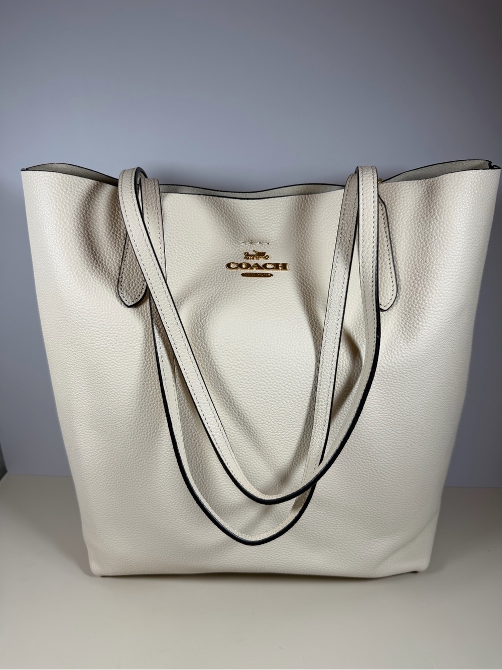 Coach Cream Pebbled Leather Tote with Gold Logo